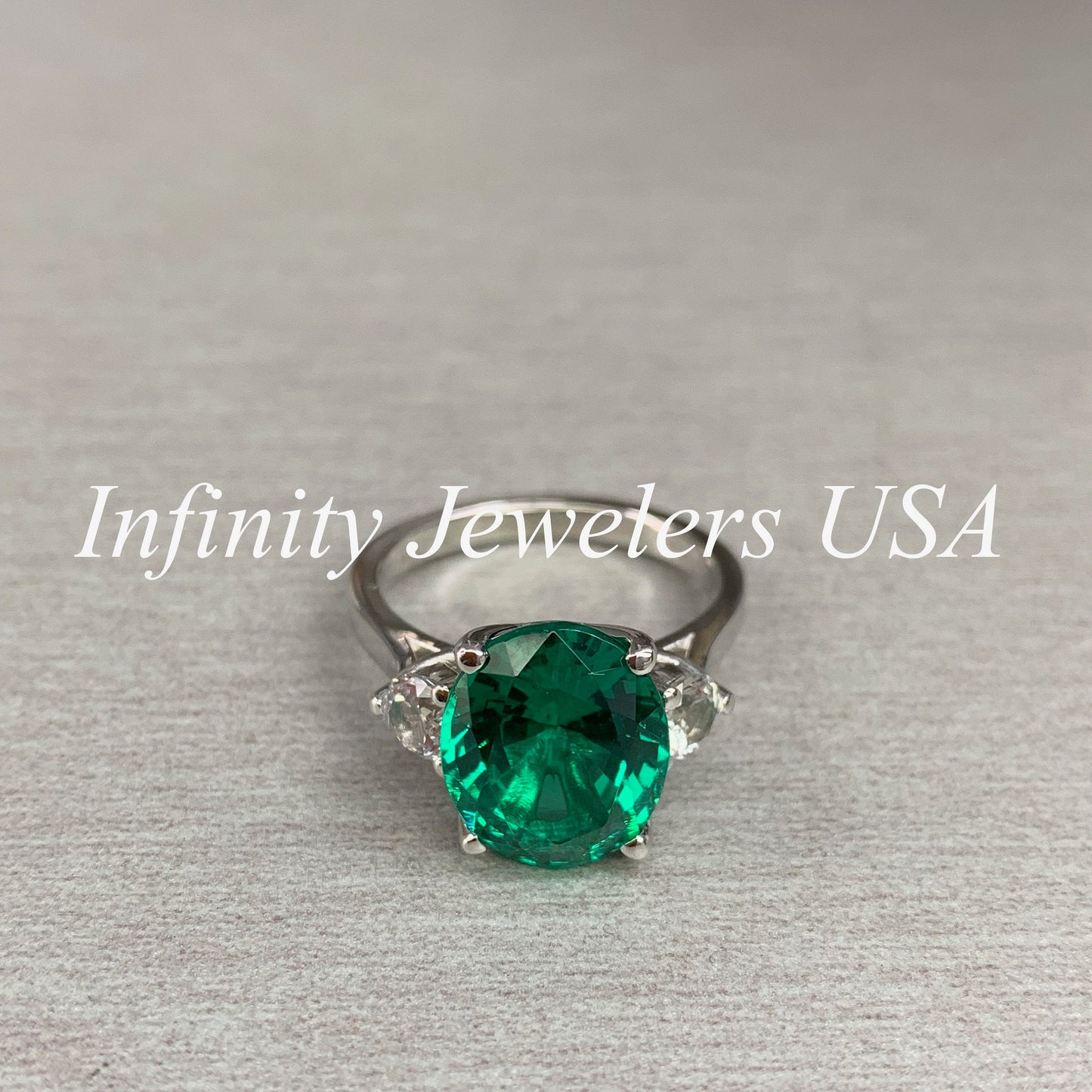 Emerald Engagement Ring , Oval Emerald Ring, Oval Cut Emerald Engagement Ring, Round White Sapphire Ring, 14k white gold #5422