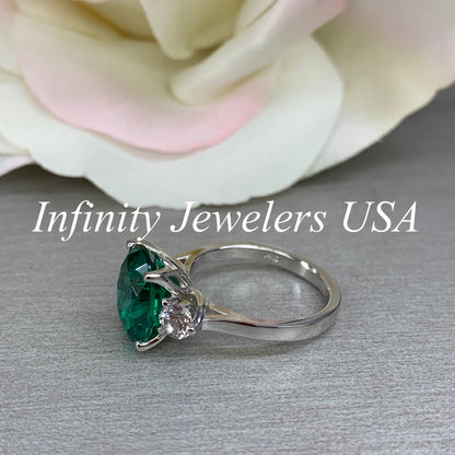Emerald Engagement Ring , Oval Emerald Ring, Oval Cut Emerald Engagement Ring, Round White Sapphire Ring, 14k white gold #5422