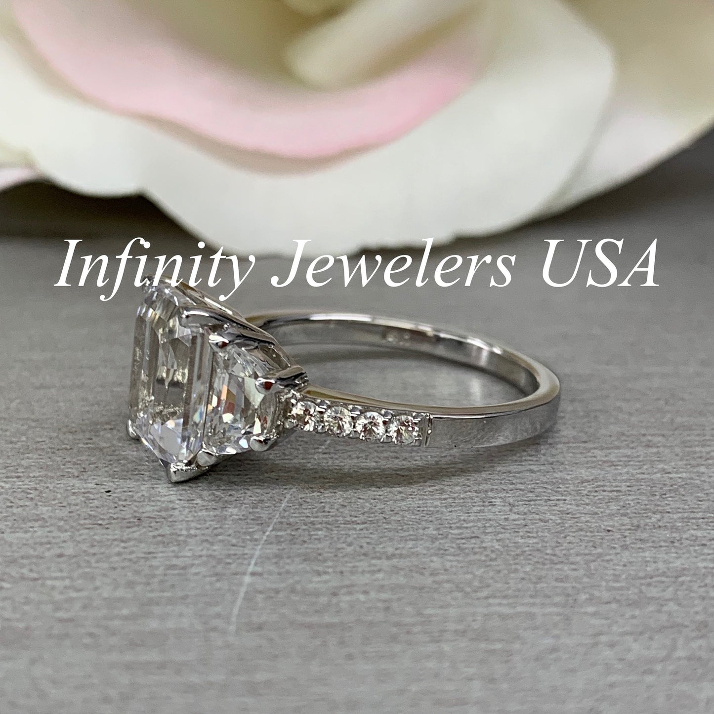 Moissanite emerald cut engagement ring, ring with half moon and round accents,  4.50CTW14k white gold