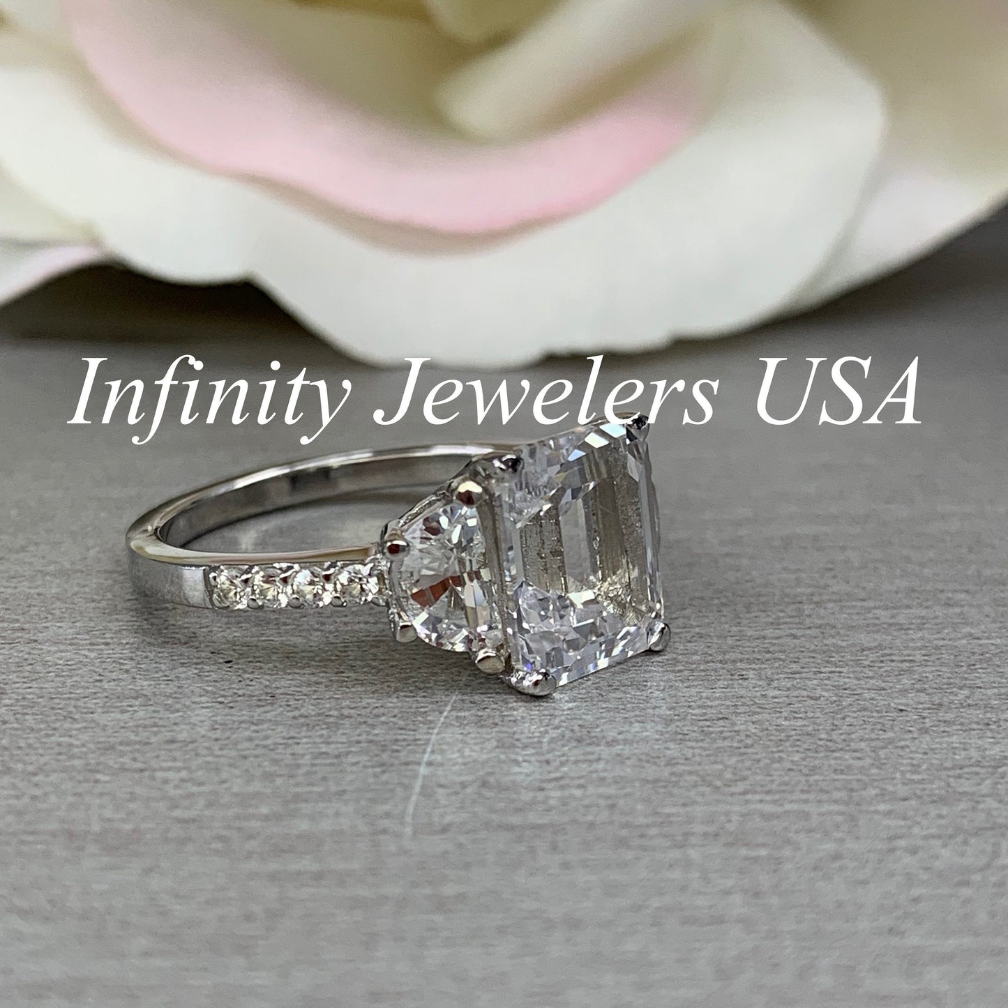 Moissanite emerald cut engagement ring, ring with half moon and round accents,  4.50CTW14k white gold