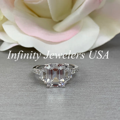 Moissanite emerald cut engagement ring, ring with half moon and round accents,  4.50CTW14k white gold