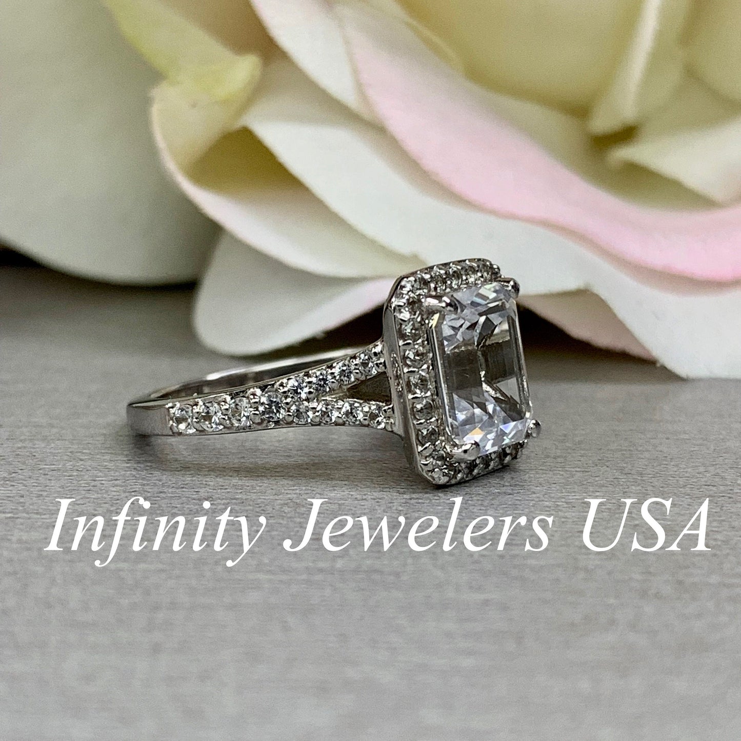 Emerald Cut Moissanite Halo Engagement Ring , #5596 14k Solid Gold Moissanite Cluster Wedding Rings , Moissanite Engagement Rings For Women