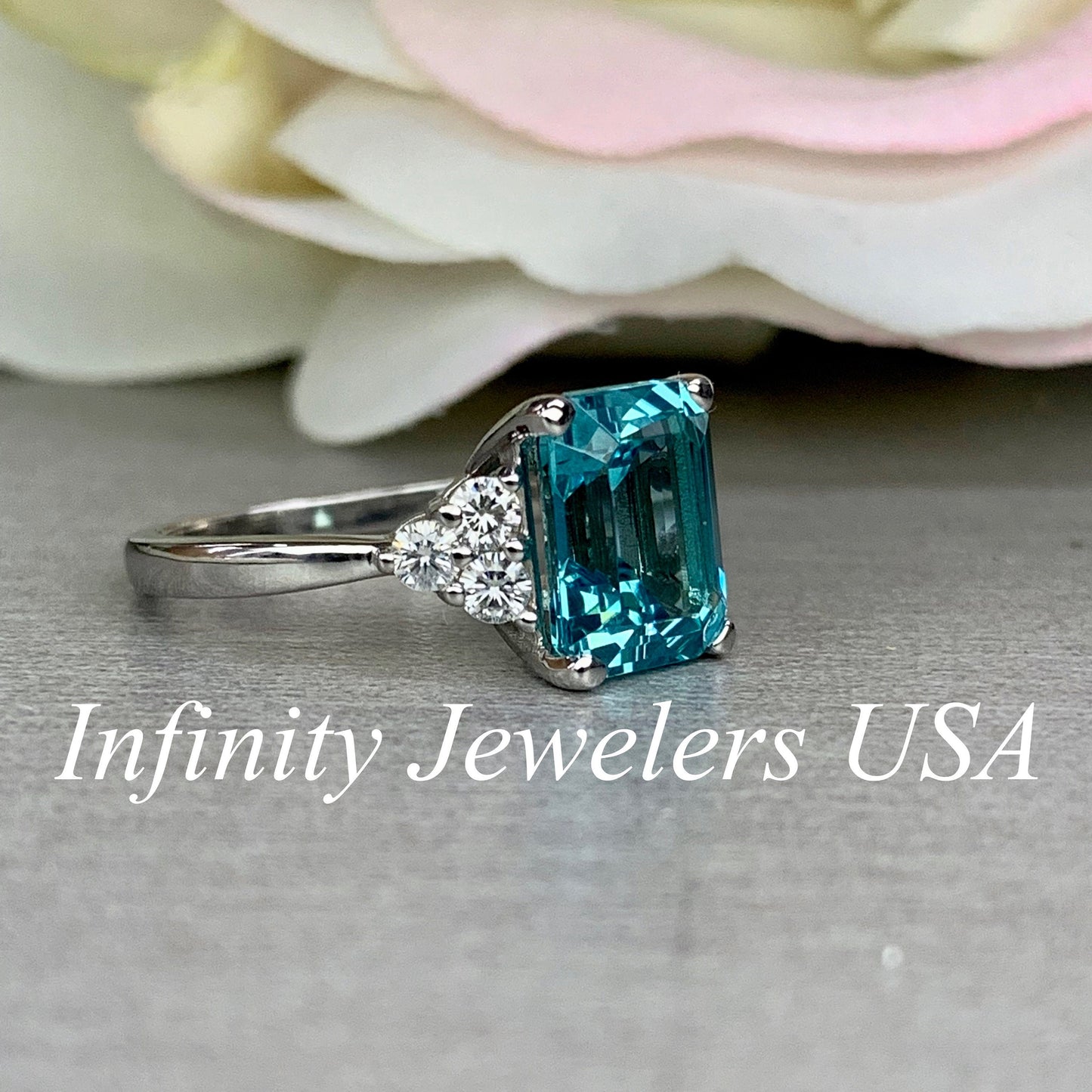 Paraiba Tourmaline Ring, Emerald Cut Engagement Ring 14K Gold, Three Stone Ring, Paraiba Ring For Ladies, Art Deco Paraiba Ring,   #6311