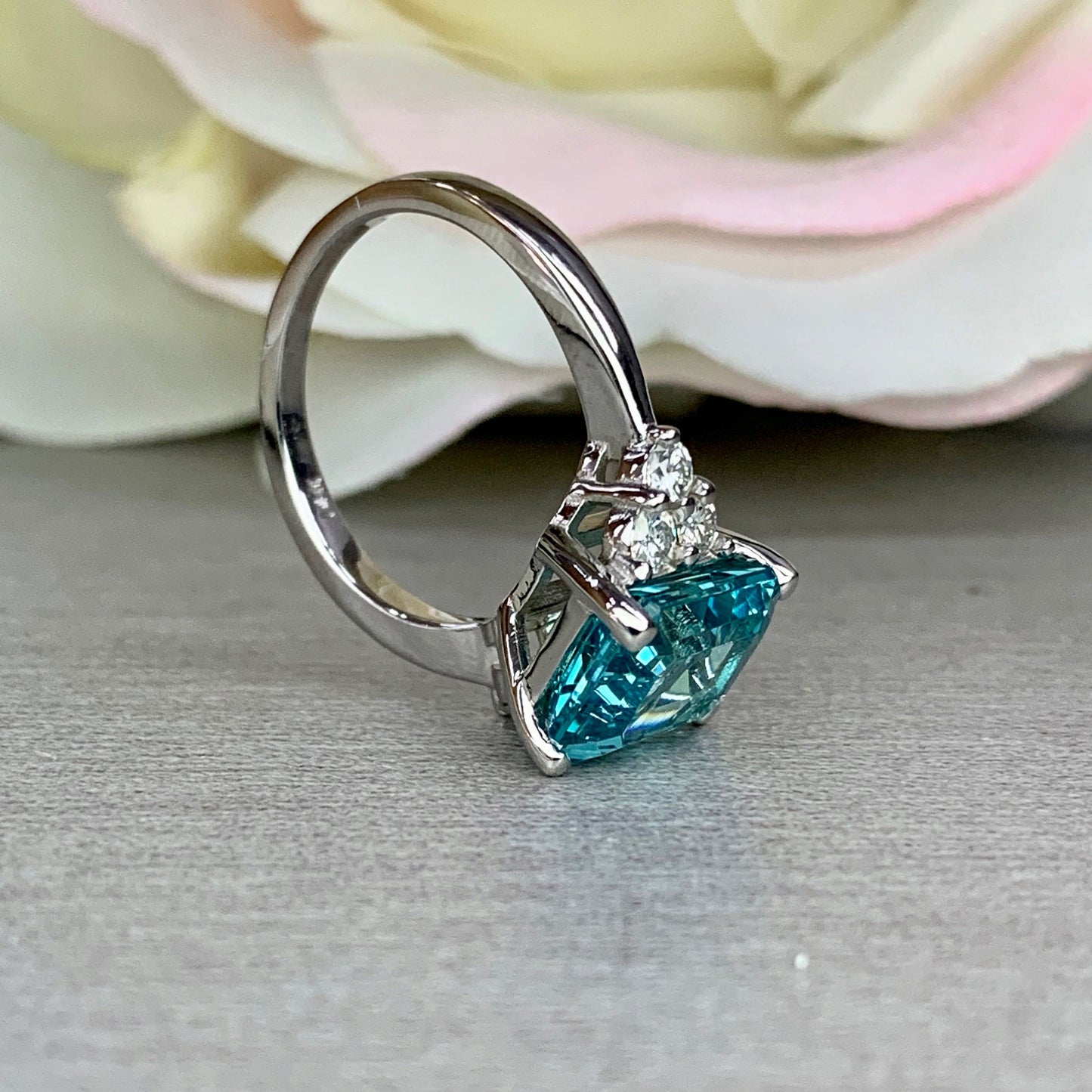 Paraiba Tourmaline Ring, Emerald Cut Engagement Ring 14K Gold, Three Stone Ring, Paraiba Ring For Ladies, Art Deco Paraiba Ring,   #6311