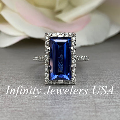 Blue Sapphire Elongated Baguette Moissanite Halo Engagement Ring, Blue Sapphire And Moissanite Wedding Ring, 14k Gold Sapphire Ring    #6315