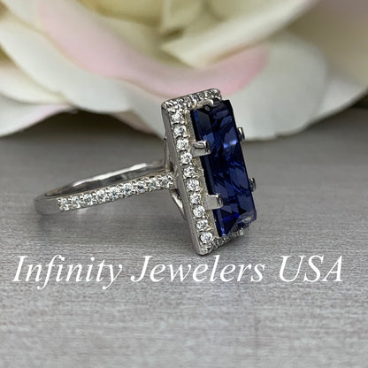 Blue Sapphire Elongated Baguette Moissanite Halo Engagement Ring, Blue Sapphire And Moissanite Wedding Ring, 14k Gold Sapphire Ring    #6315