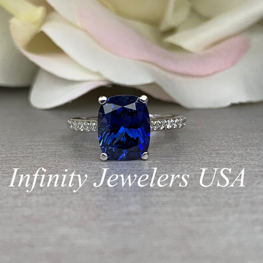 Elongated Cushion Cut Engagement Ring / Blue Sapphire Ring / Sapphire and Moissanite Ring / 14k White Gold / #6316