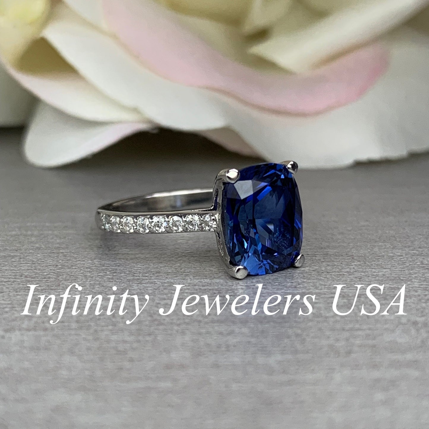 Elongated Cushion Cut Engagement Ring / Blue Sapphire Ring / Sapphire and Moissanite Ring / 14k White Gold / #6316