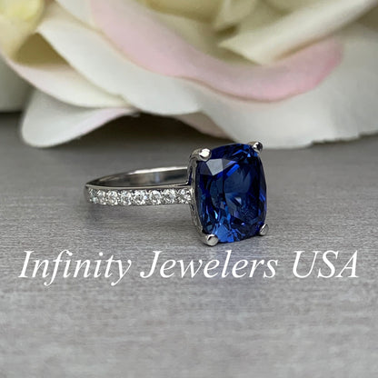 Elongated Cushion Cut Engagement Ring / Blue Sapphire Ring / Sapphire and Moissanite Ring / 14k White Gold / #6316