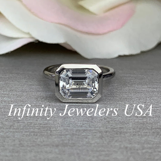 Emerald Cut Engagement Ring / Certified Moissanite Ring / East To West Bezel Set Ring / 14k White Gold / #6318