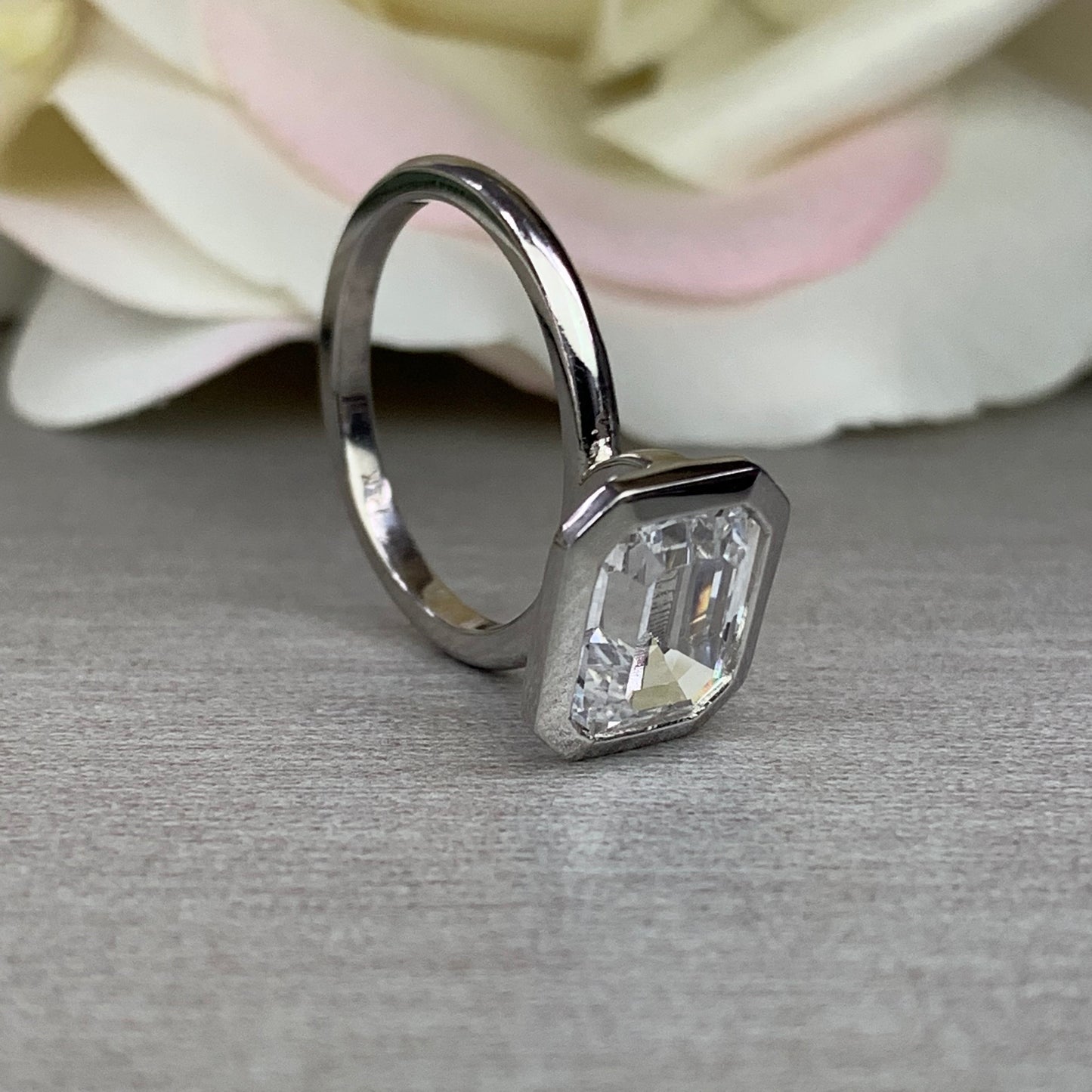Emerald Cut Engagement Ring / Certified Moissanite Ring / East To West Bezel Set Ring / 14k White Gold / #6318