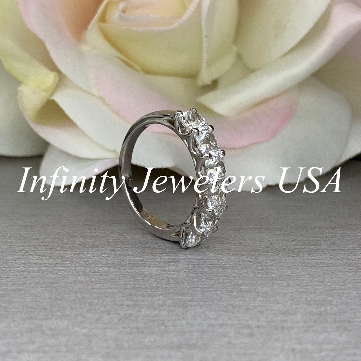 Radiant Cut Engagement Ring / Certified Moissanite Matching Ring / Six Stone Stacking Ring / 14k White Gold / #6322