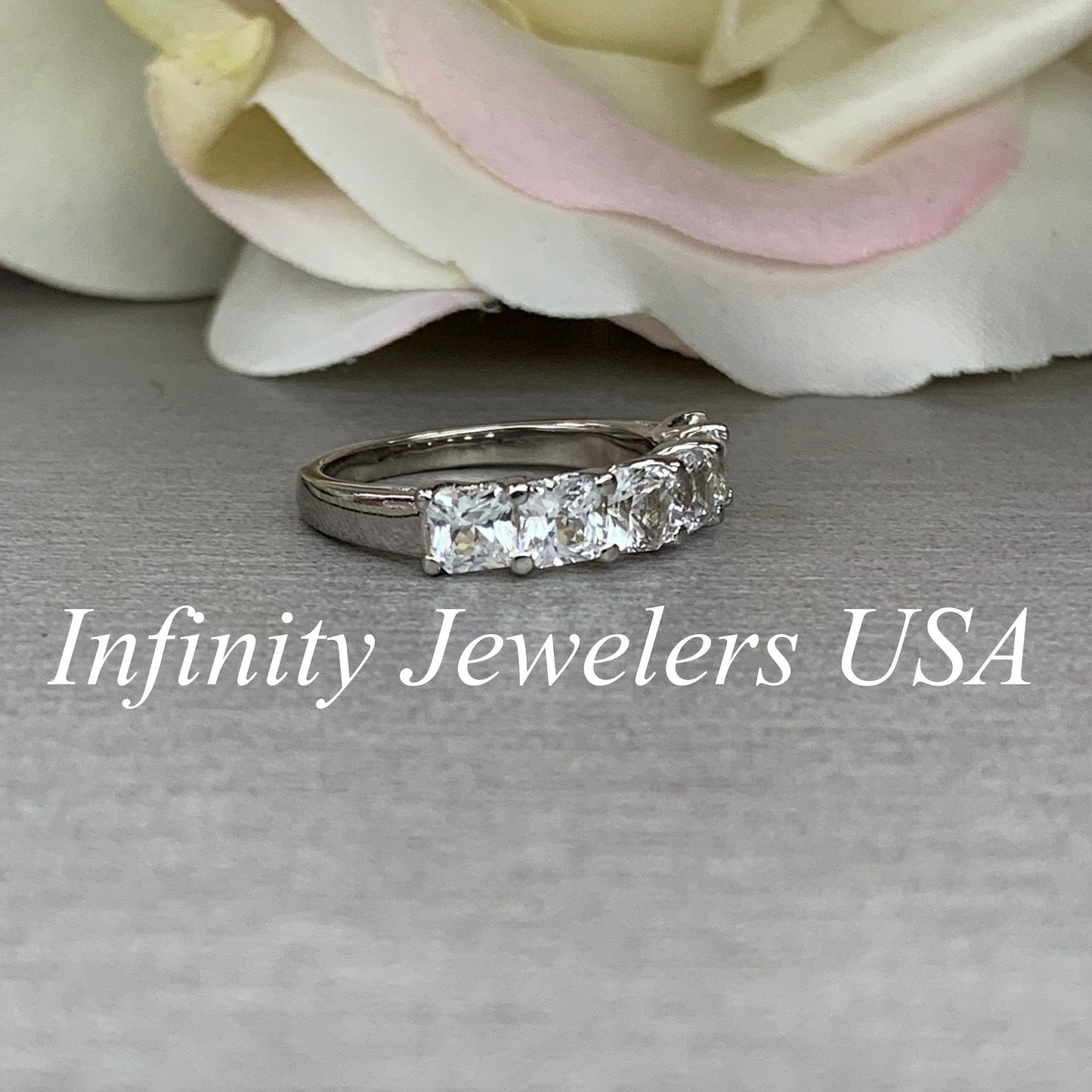 Radiant Cut Engagement Ring / Certified Moissanite Matching Ring / Six Stone Stacking Ring / 14k White Gold / #6322
