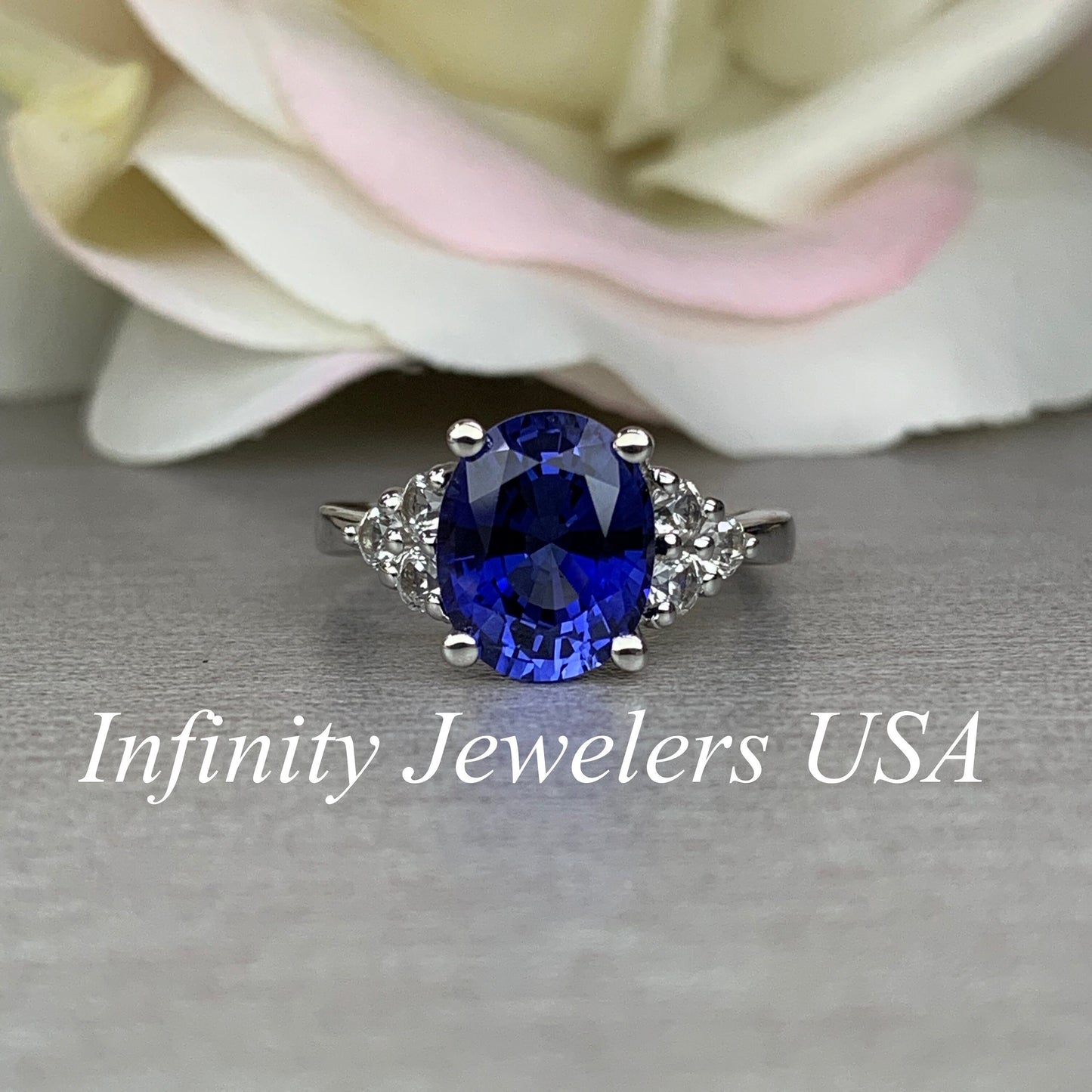 Blue Sapphire And Moissanite Engagement Ring, Oval Blue Sapphire And Round Moissanite Cluster Wedding Ring, 14k Gold Blue Sapphire Ring