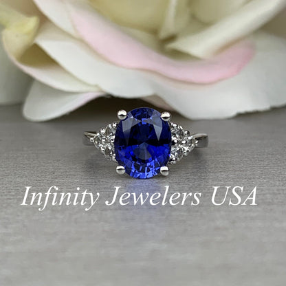 Blue Sapphire And Moissanite Engagement Ring, Oval Blue Sapphire And Round Moissanite Cluster Wedding Ring, 14k Gold Blue Sapphire Ring