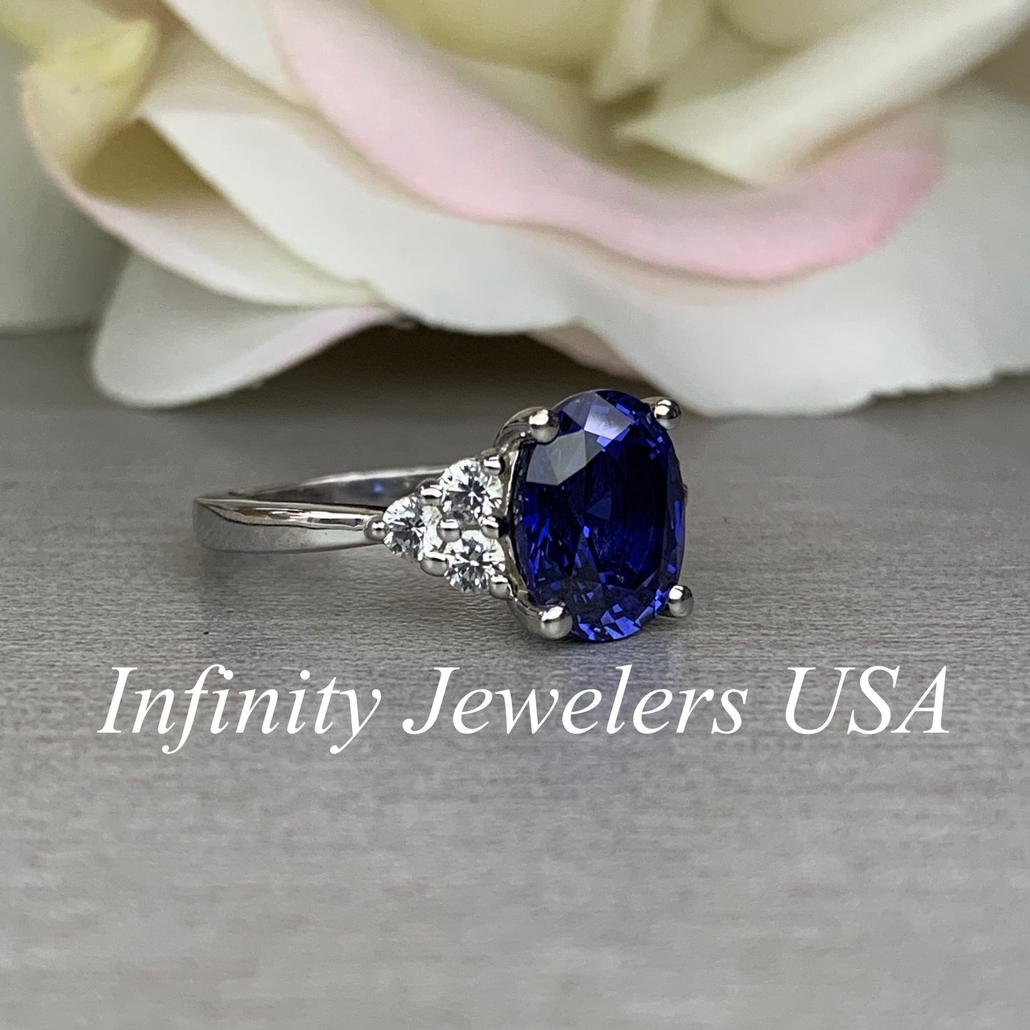 Blue Sapphire And Moissanite Engagement Ring, Oval Blue Sapphire And Round Moissanite Cluster Wedding Ring, 14k Gold Blue Sapphire Ring