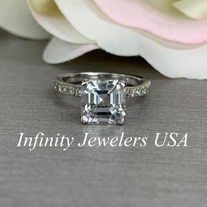Asscher Cut Moissanite Engagement Ring, Moissanite Engagement Ring, Wedding Ring, Moissanite And Diamond Engagement Ring