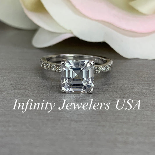 Asscher Cut Moissanite Engagement Ring, Moissanite Engagement Ring, Wedding Ring, Moissanite And Diamond Engagement Ring