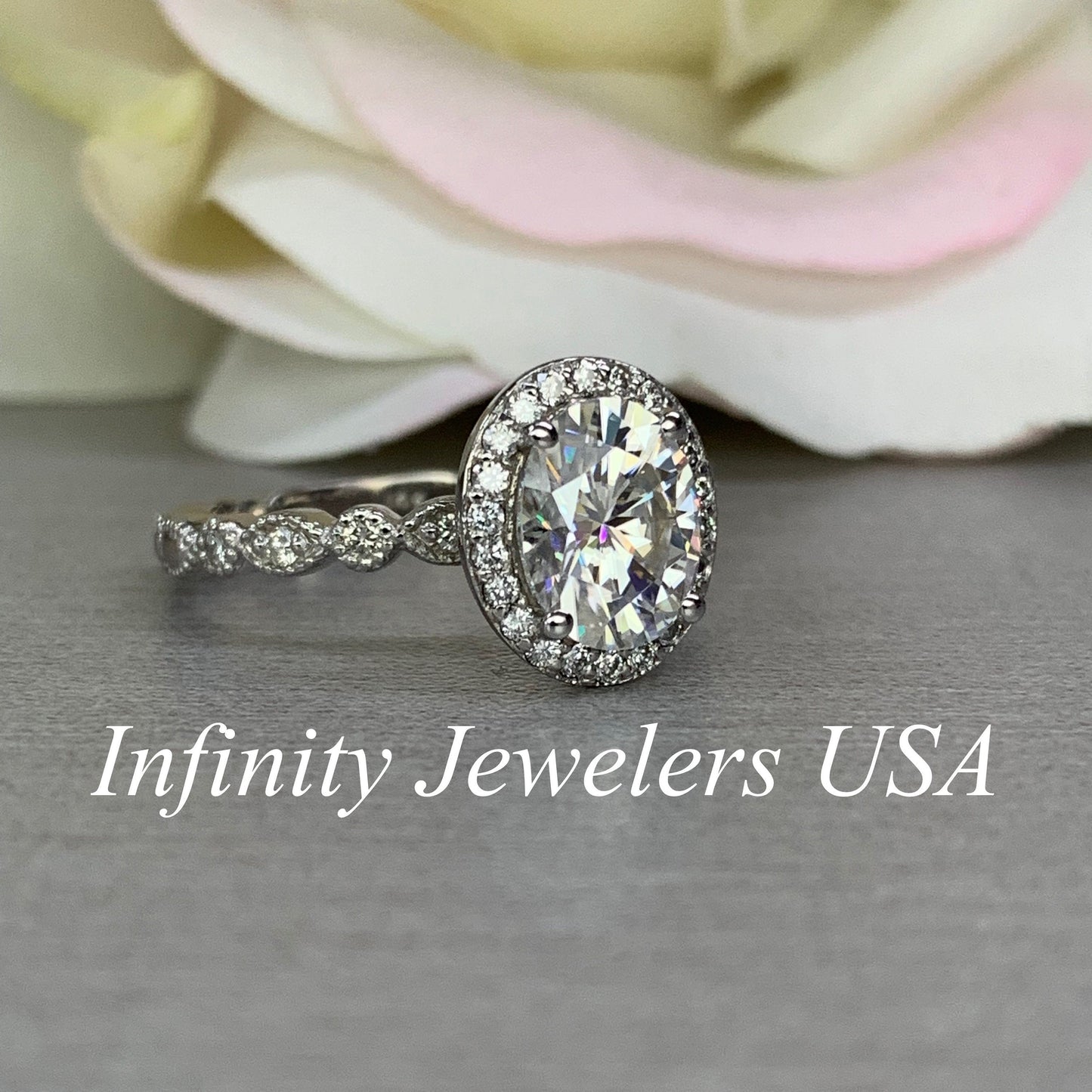 Certified moissanite oval halo ring with diamonds accent, 14k white gold