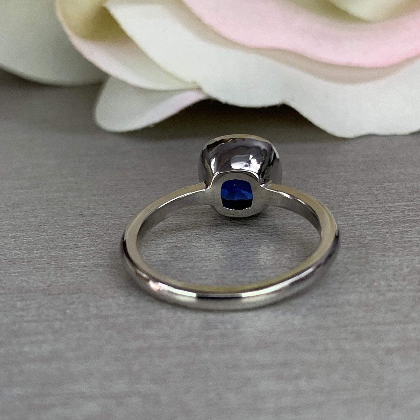 Cushion Cut Engagement Solitaire / Blue Sapphire Wedding Ring / Bezel Set Ring / 14k White Gold / #6371