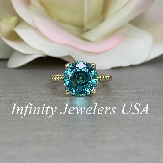 Round Blue solitaire Engagement Ring  Extra Facets For More Brilliance Solitaire   Round blue paraiba Wedding Ring 14k Yellow Gold #6379