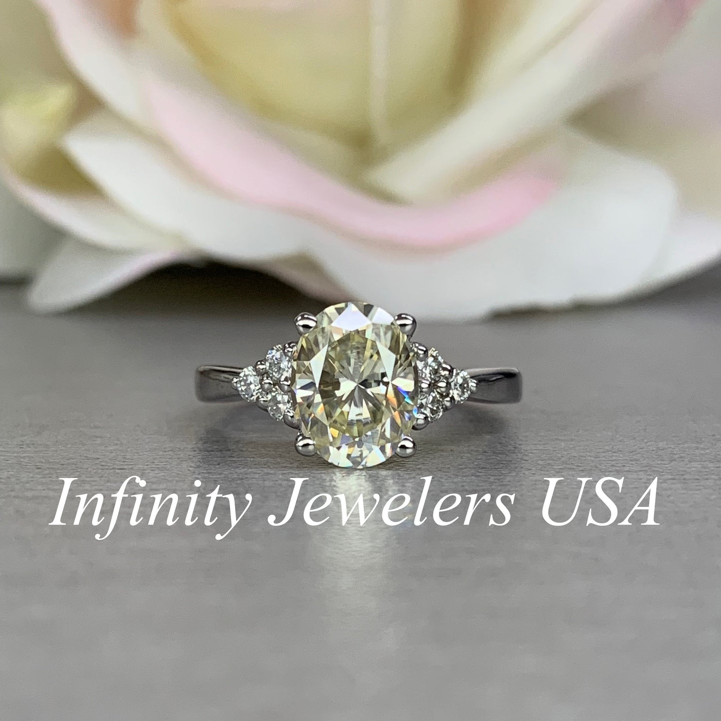 Oval Yellow Moissanite Engagement Ring 14K White Gold  Womens Yellow Moissanite Engagement Ring  Three Stone Moissanite Engagement Ring 6380