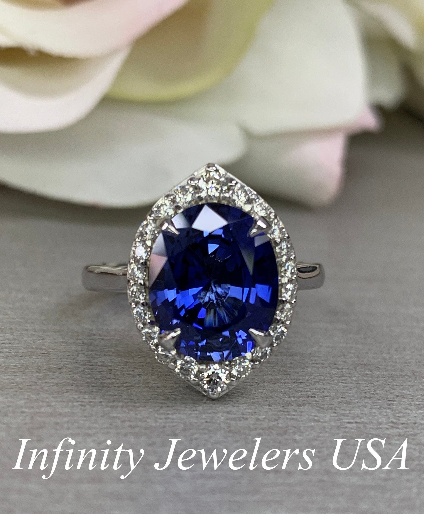 Oval Blue Sapphire Engagement Ring With Moissanite Halo, Blue Sapphire And Moissanite Wedding Ring, 14k Gold Moissanite Ring For Her   #6441