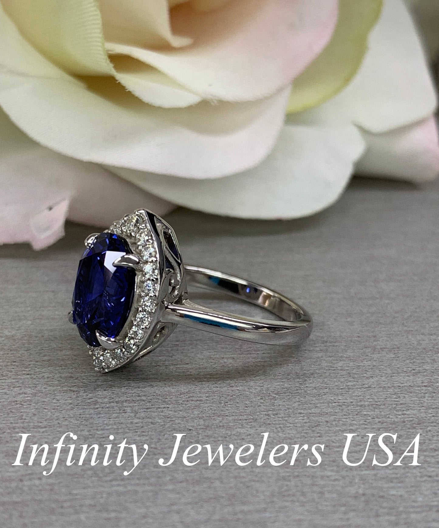 Oval Blue Sapphire Engagement Ring With Moissanite Halo, Blue Sapphire And Moissanite Wedding Ring, 14k Gold Moissanite Ring For Her   #6441
