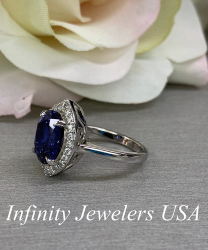 Oval Blue Sapphire Engagement Ring With Moissanite Halo, Blue Sapphire And Moissanite Wedding Ring, 14k Gold Moissanite Ring For Her   #6441