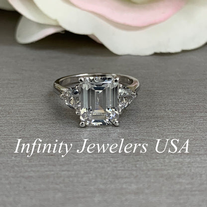 Emerald Cut Moissanite Engagement Ring, Three Stone Moissanite Ring, Moissaite Wedding Ring, Anniversary Ring, 14k Gold Ring,  #5649
