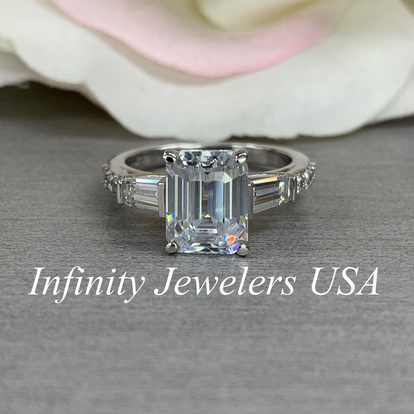 Moissanite Emerald Cut Engagement Ring,Engagement Ring With Baguettes And Diamonds, 3.00ctw. 14K White Gold #6995 #5100