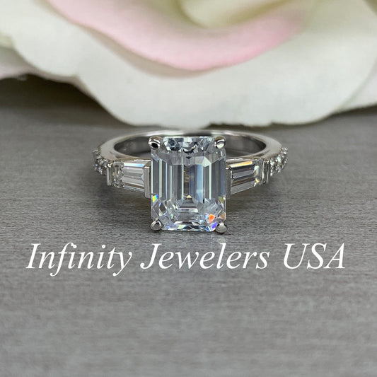 Moissanite Emerald Cut Engagement Ring,Engagement Ring With Baguettes And Diamonds, 3.00ctw. 14K White Gold #6995 #5100