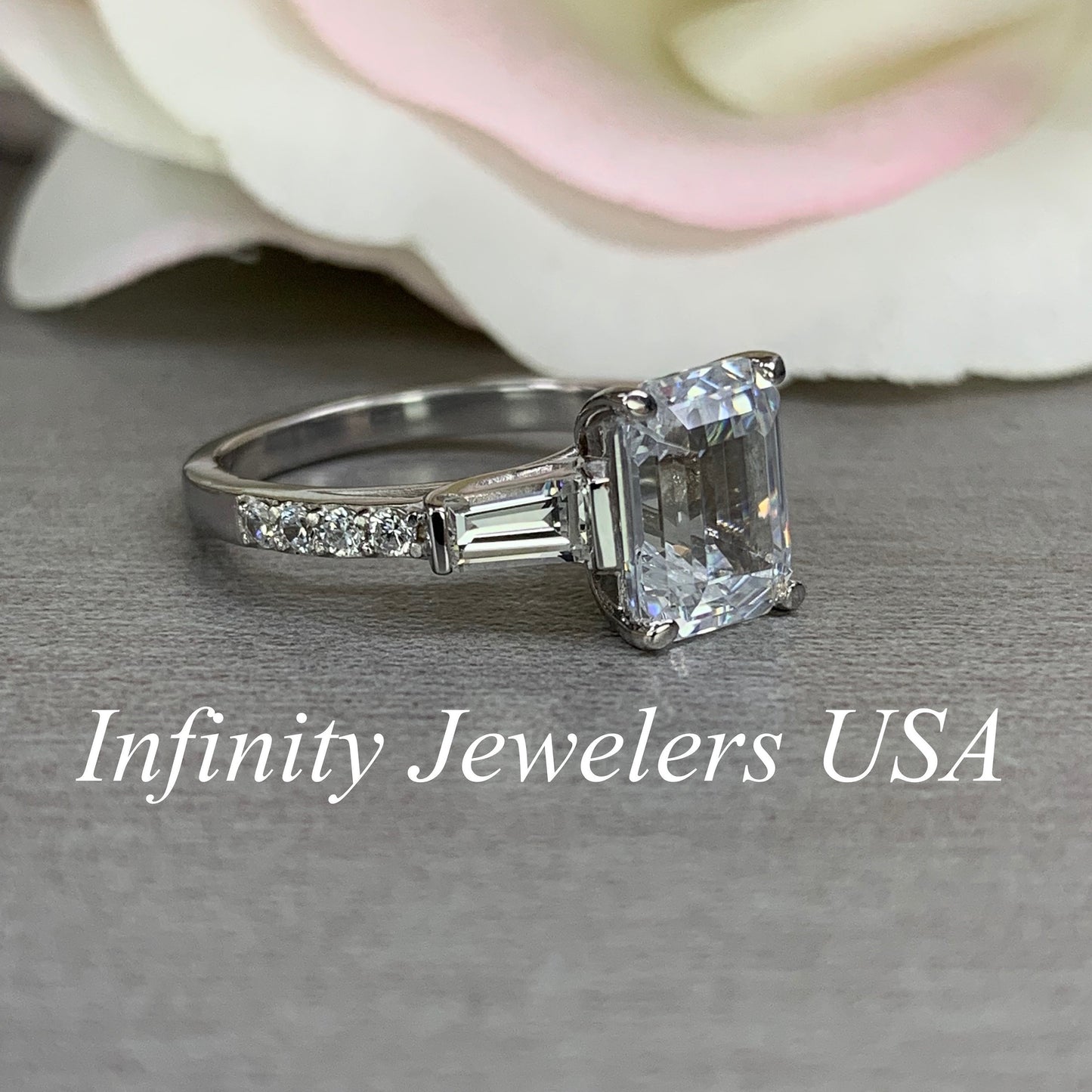 Moissanite Emerald Cut Engagement Ring,Engagement Ring With Baguettes And Diamonds, 3.00ctw. 14K White Gold #6995 #5100