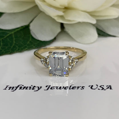 Certified moissanite engagement ring, emerald cut moissanite with diamond accents, 14k yellow gold