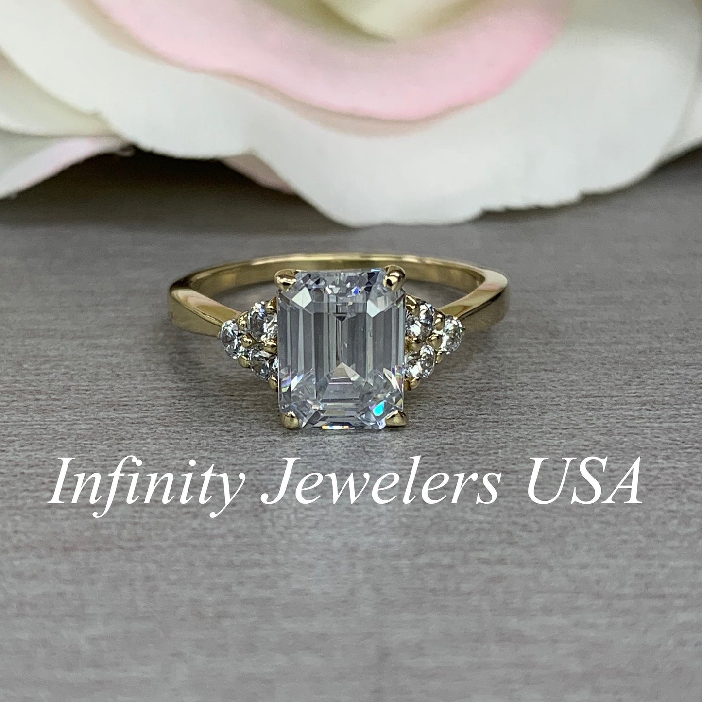 Certified moissanite engagement ring, emerald cut moissanite with diamond accents, 14k yellow gold