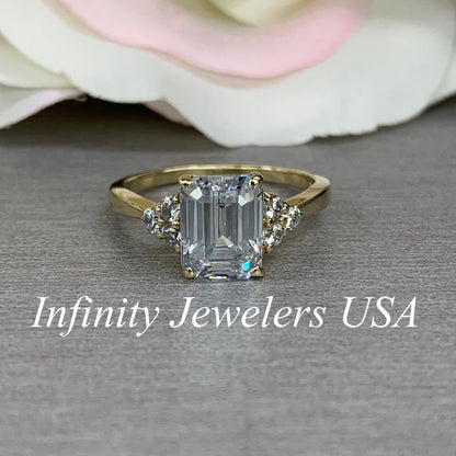 Certified moissanite engagement ring, emerald cut moissanite with diamond accents, 14k yellow gold