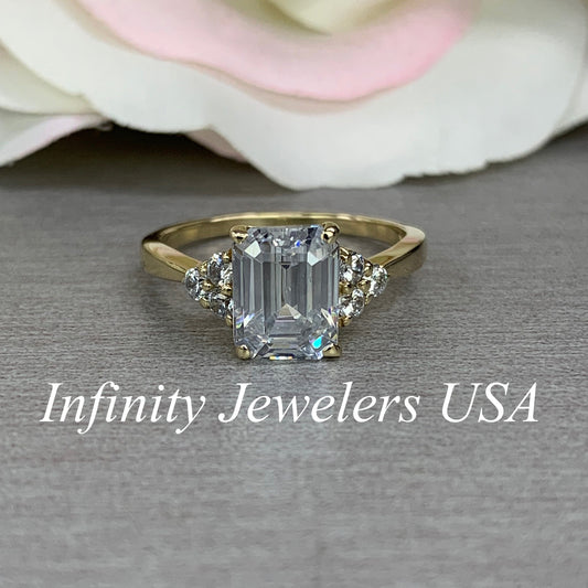 Certified moissanite engagement ring, emerald cut moissanite with diamond accents, 14k yellow gold
