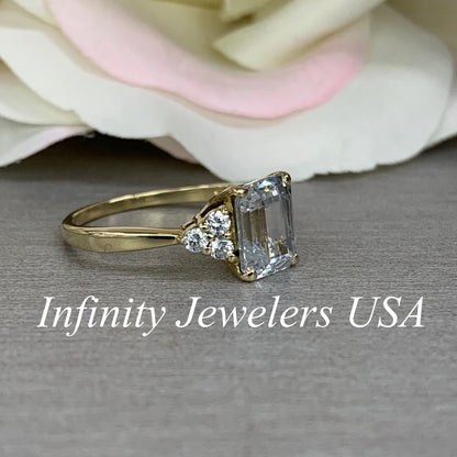 Certified moissanite engagement ring, emerald cut moissanite with diamond accents, 14k yellow gold