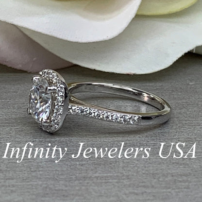 Moissanite Engagement Ring With Round Center Set In A Cushion Shape Halo And Accent On Band 14k White Gold, Moissanite Wedding Ring #5039