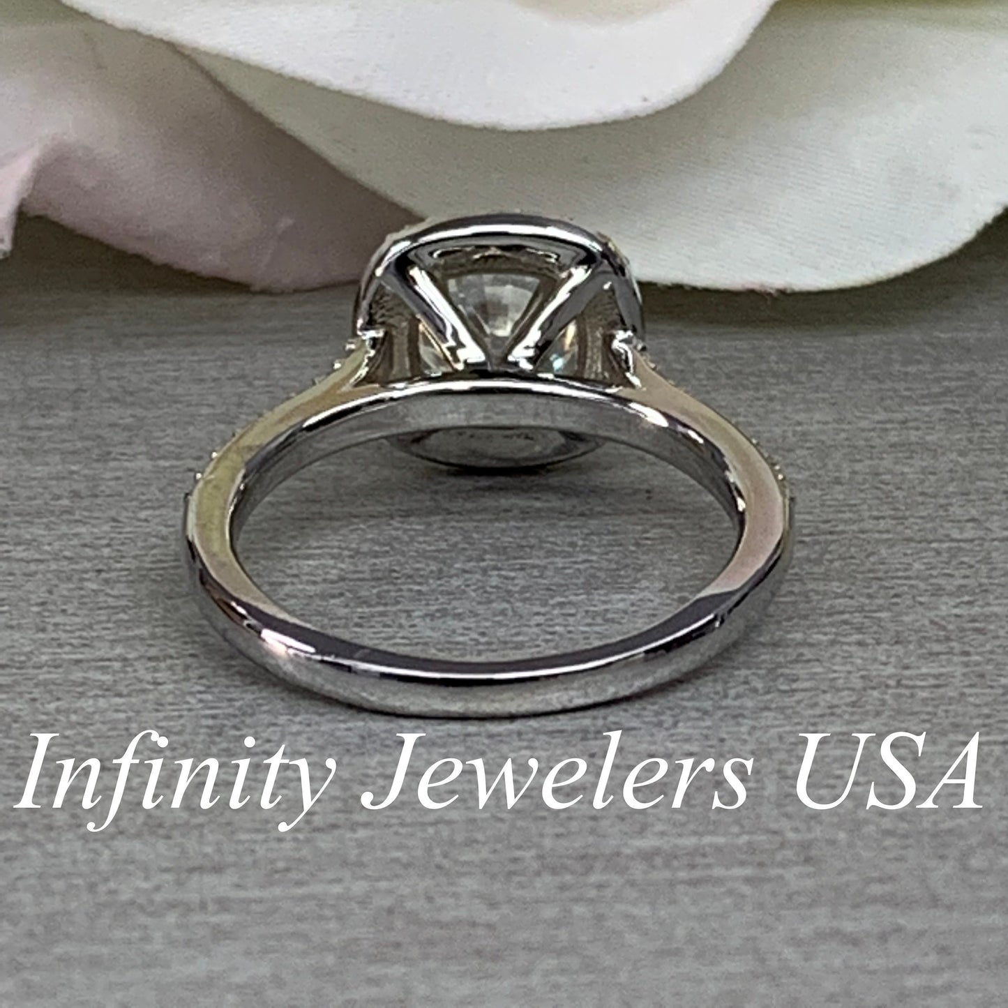 Moissanite Engagement Ring With Round Center Set In A Cushion Shape Halo And Accent On Band 14k White Gold, Moissanite Wedding Ring #5039