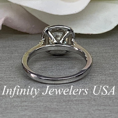 Moissanite Engagement Ring With Round Center Set In A Cushion Shape Halo And Accent On Band 14k White Gold, Moissanite Wedding Ring #5039