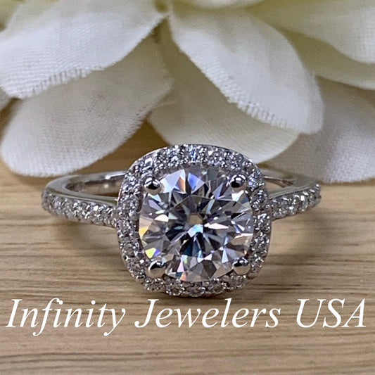 Moissanite Engagement Ring With Round Center Set In A Cushion Shape Halo And Accent On Band 14k White Gold, Moissanite Wedding Ring #5039