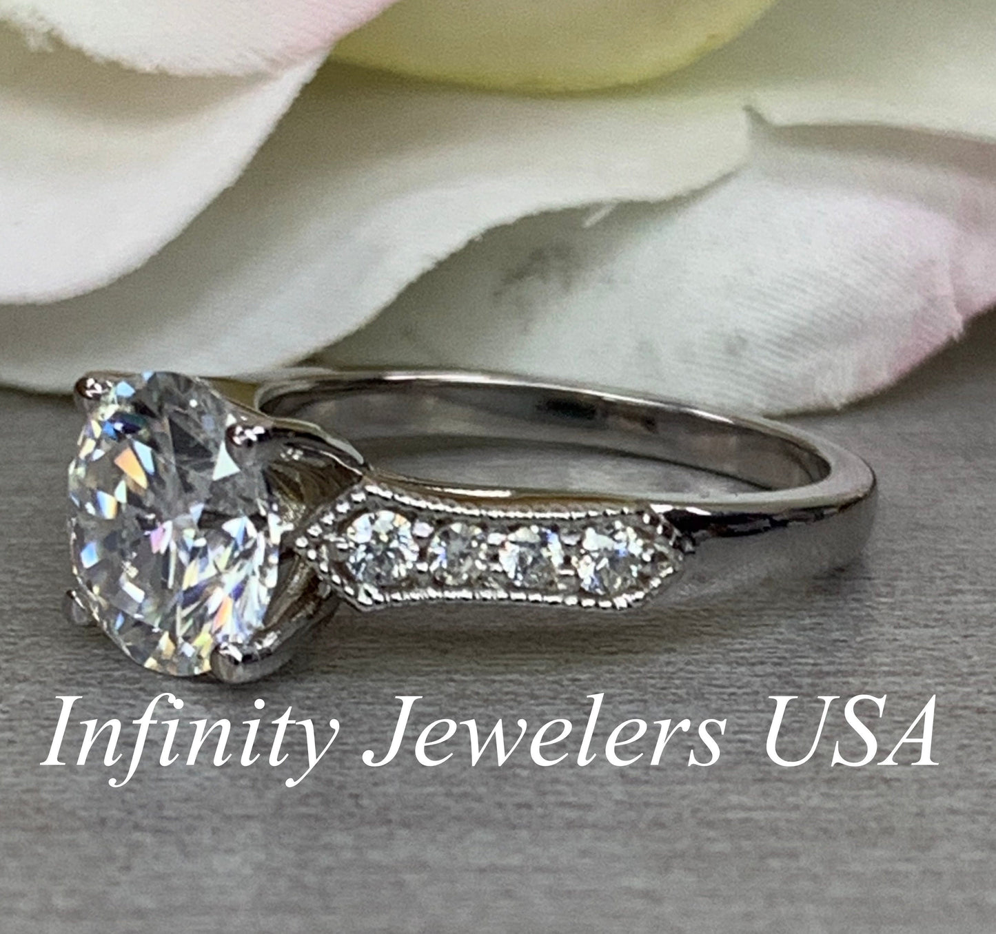 Moissanite Engagement Ring / Round Engagement Ring / Moissanite Wedding Ring / Unique Proposal Ring / 14k white gold / #6460  #6461