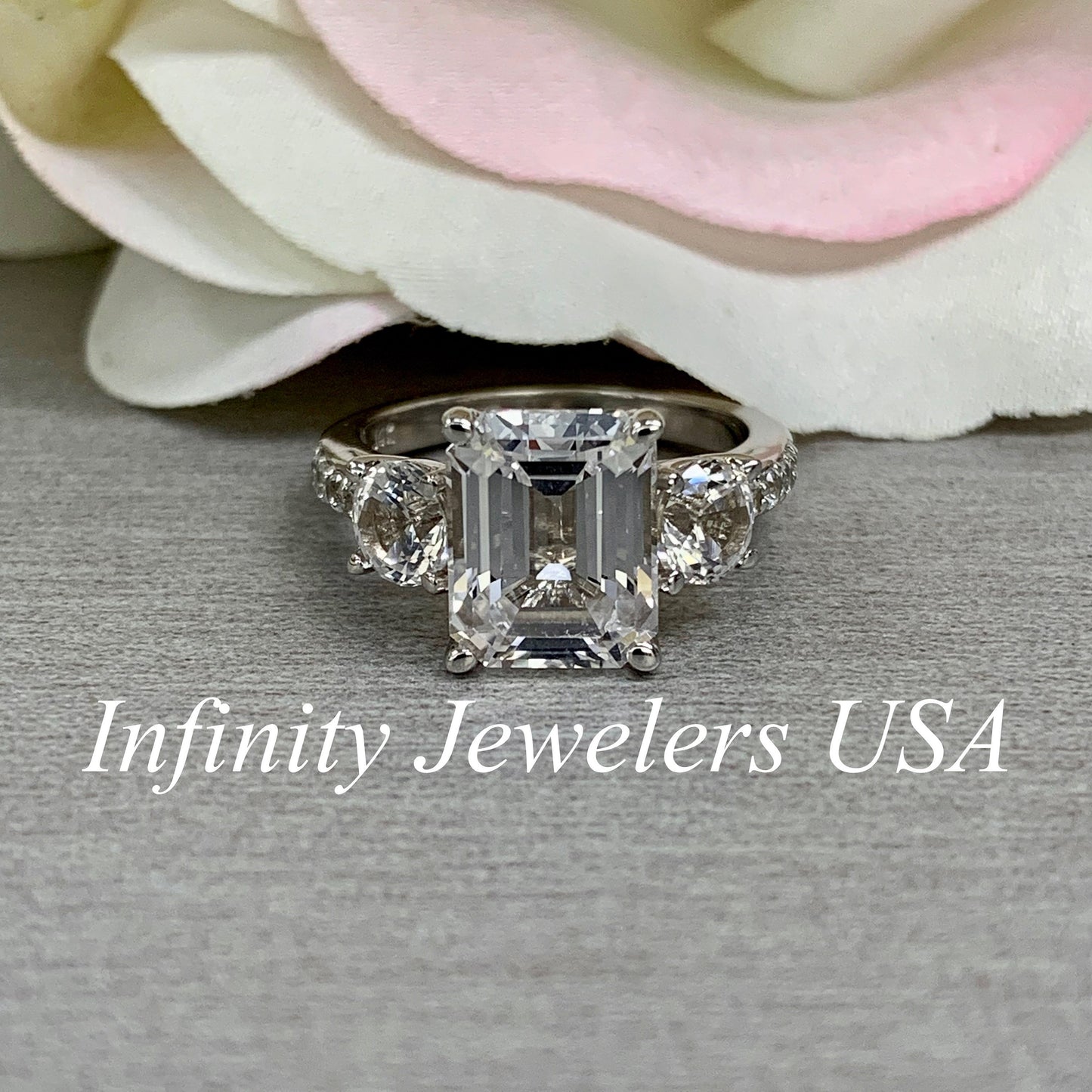 Emerald Cut Moissanite Engagement Ring For Ladies, 14k White Gold Three Stone Emerald Cut Moissanite Wedding Ring, April Birthstone    #6609