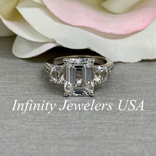 Emerald Cut Moissanite Engagement Ring For Ladies, 14k White Gold Three Stone Emerald Cut Moissanite Wedding Ring, April Birthstone    #6609