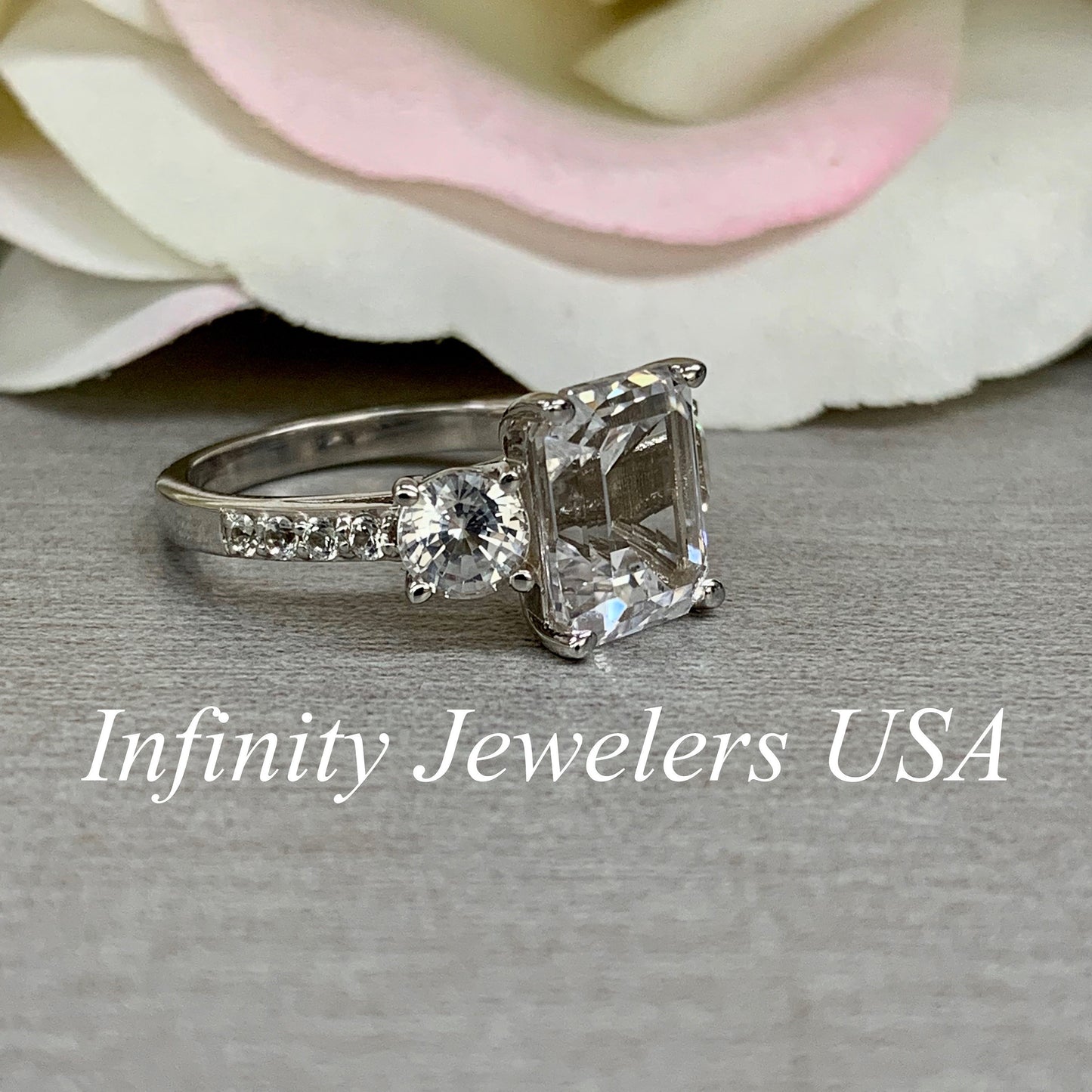 Emerald Cut Moissanite Engagement Ring For Ladies, 14k White Gold Three Stone Emerald Cut Moissanite Wedding Ring, April Birthstone    #6609