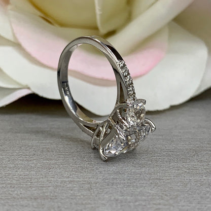 Emerald Cut Moissanite Engagement Ring For Ladies, 14k White Gold Three Stone Emerald Cut Moissanite Wedding Ring, April Birthstone    #6609