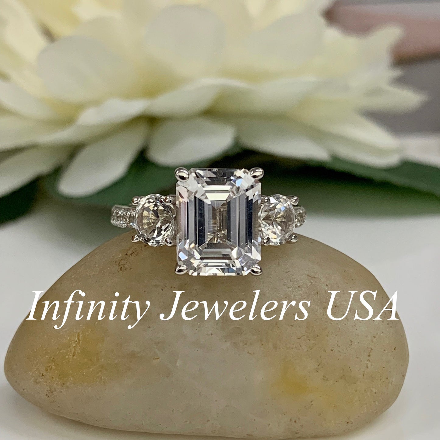 Emerald Cut Moissanite Engagement Ring For Ladies, 14k White Gold Three Stone Emerald Cut Moissanite Wedding Ring, April Birthstone    #6609