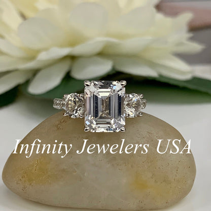 Emerald Cut Moissanite Engagement Ring For Ladies, 14k White Gold Three Stone Emerald Cut Moissanite Wedding Ring, April Birthstone    #6609