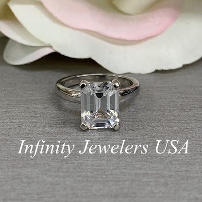 Moissanite Emerald Cut Engagement Rings 14k Solid White Gold , Forever One Moissanite , Emerald Cut Solitaire Moissanite Wedding Ring, #6136